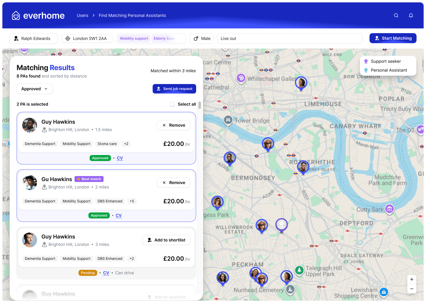 Everhome admin dashboard matching approved carers to a client, with live statuses and a best-match flag