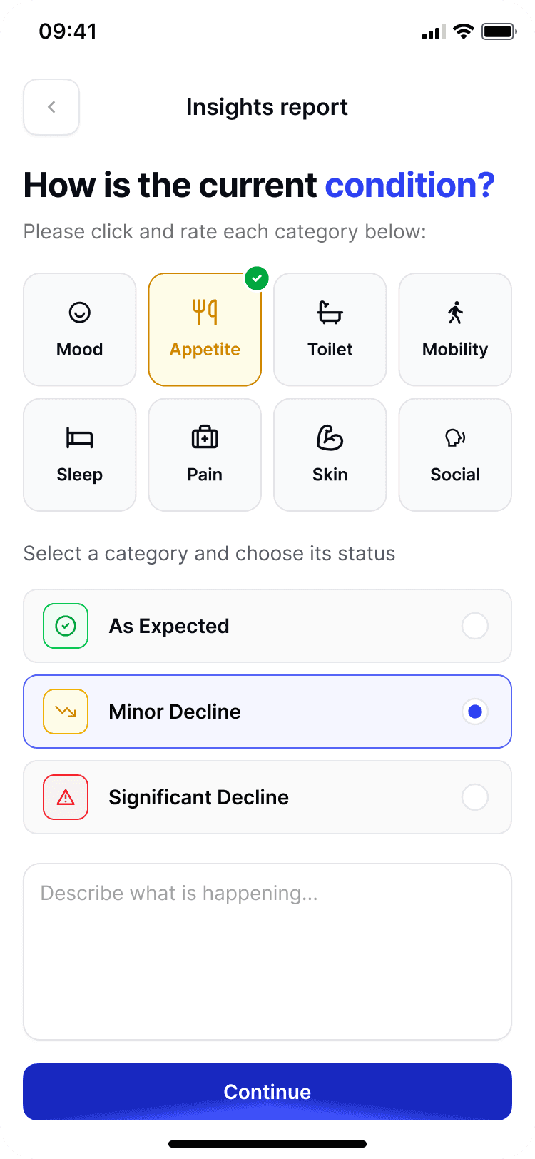 Everhome carer app Insights report rating mood, appetite, mobility and more at clock-out