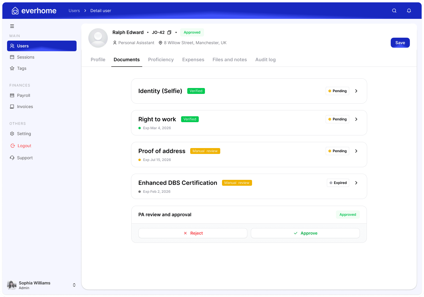 Everhome onboarding screen verifying a carer's identity, right to work and DBS documents